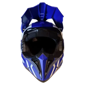 Cască Moto Off Road – Alb Mat Cu Albastru și Cozoroc – Vedere Din Față