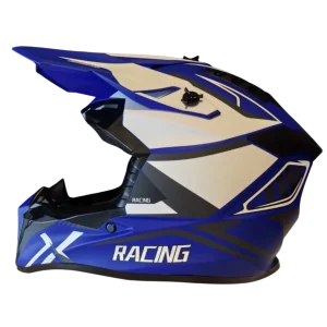 Cască Moto Off Road – Alb Mat Cu Albastru și Cozoroc – Vedere Laterală Stângă